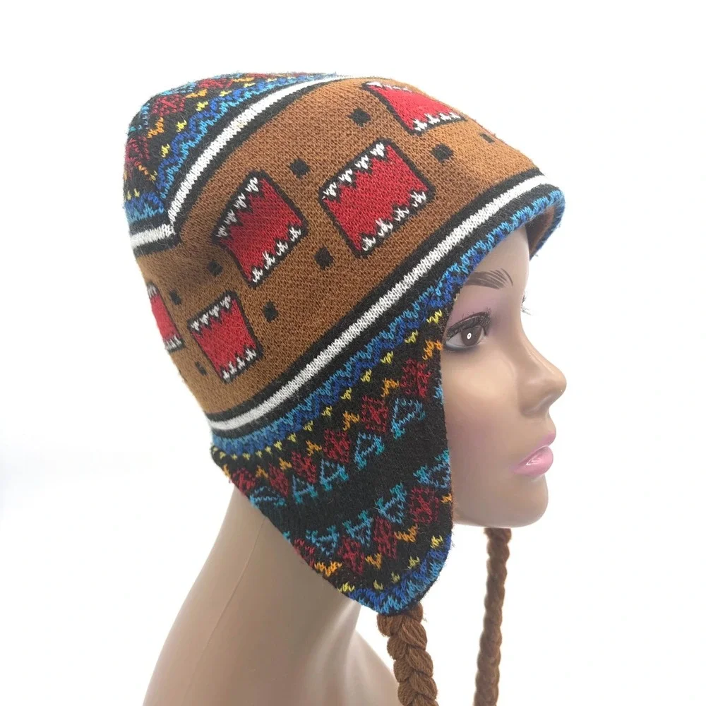 DOMO KUN Brown Knit Trapper Beanie with Braids and Aztec Pattern Y2K Rare‎